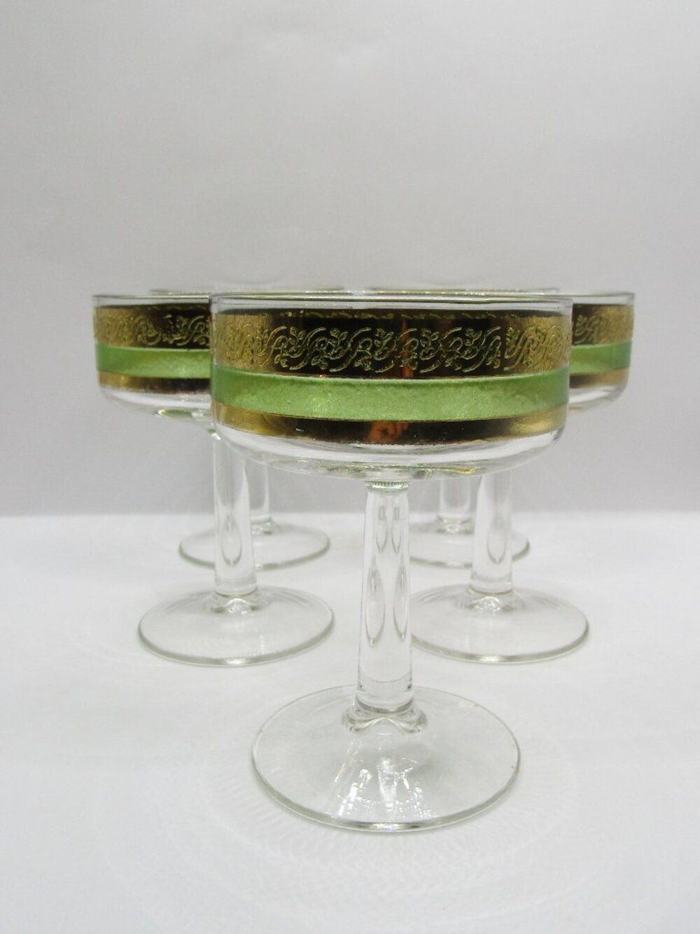 Set of Five Starlyte Green & Gold Scroll Coupe Glasses